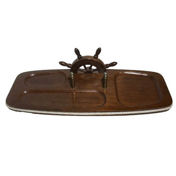 Vtg Nautical Ship Wheel Mens Dresser Wood Caddy Jewelry Organizer 12" Taiwan - Picture 1 of 11